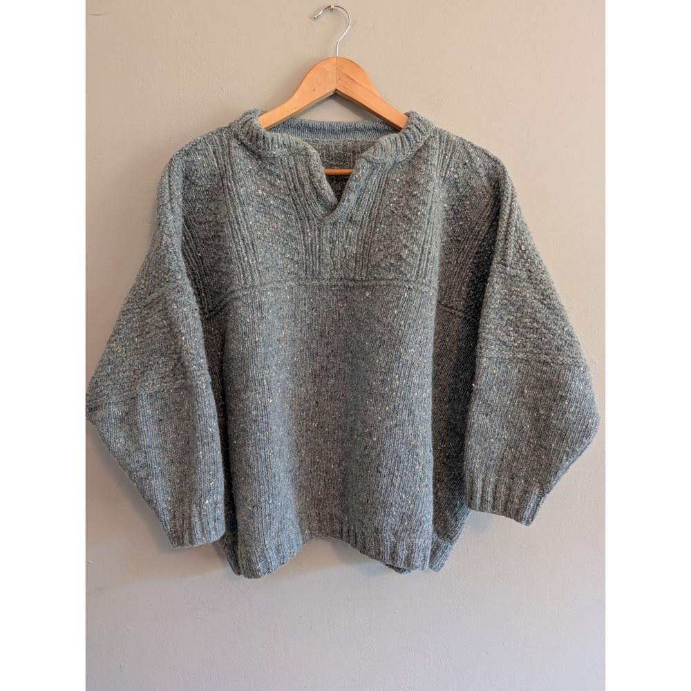 Vintage Hand Knit Donegal Tweed Wool Sweater Blue Speckled Split Neck Pullover